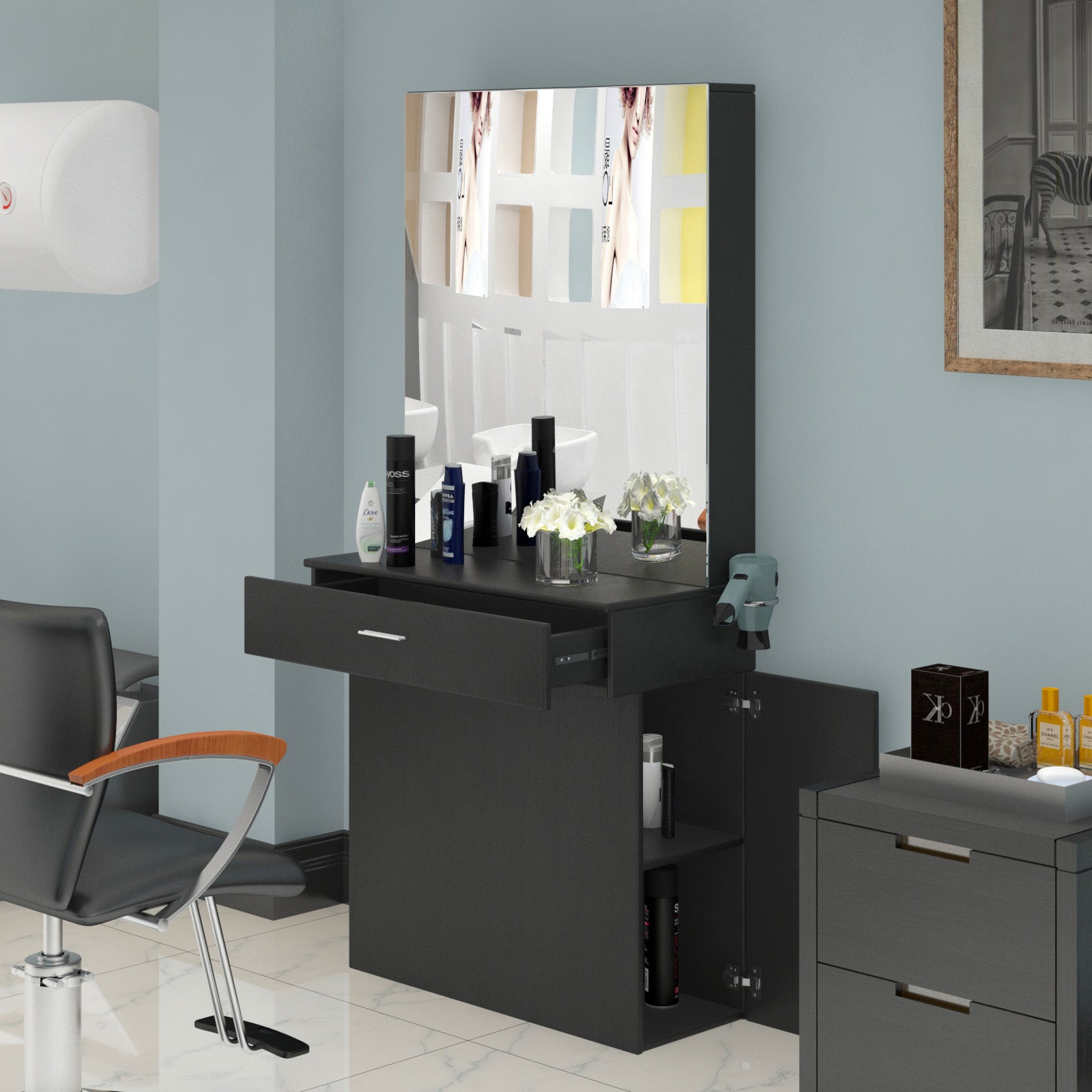 #102221 Wall Mount Salon Station Barber Stations Styling Station with Mirror Barber Beauty Spa Salon Equipment