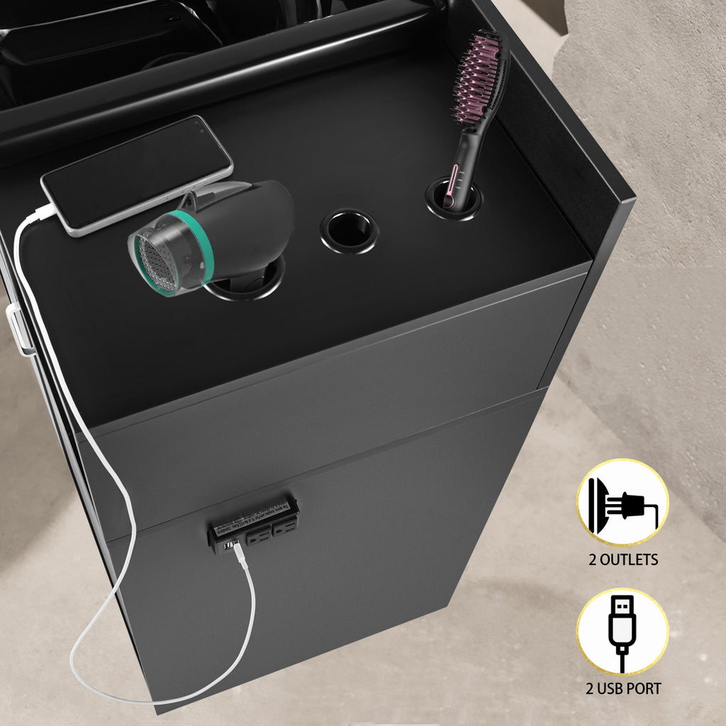#10103 Shampoo Stations for Salons Hair washing station Bowl and Drawer, Salon Sink Backwash Salon Station with USB, 110V Outlets, Hair Dryer Holes, and P Trap, Salon Equipment for Spa Beauty