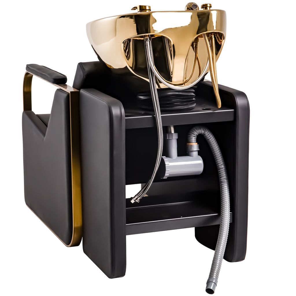 #6323 Shampoo Chair with Adjustable Neck Rest ??¡§?C Durable Wash Chair with High-End Ceramic Shampoo Bowl, Retro Design, Easy-to-Clean, Professional Salon Equipment (Gold)