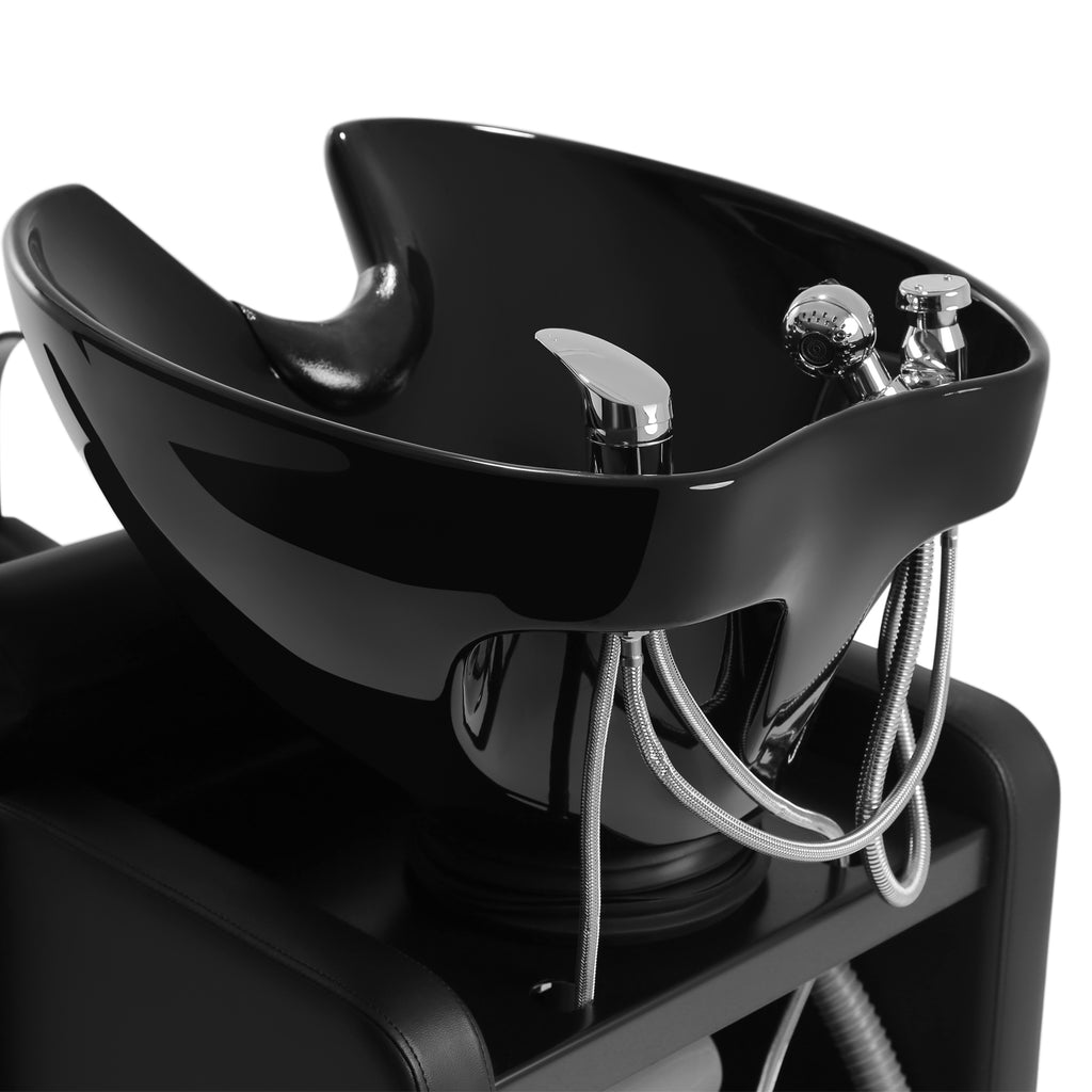 #0313 Shampoo Chair with Adjustable Neck Rest - Durable Wash Chair with Ceramic Shampoo Bowl, Retro Design, Easy-to-Clean, Professional Salon Equipment (Black)