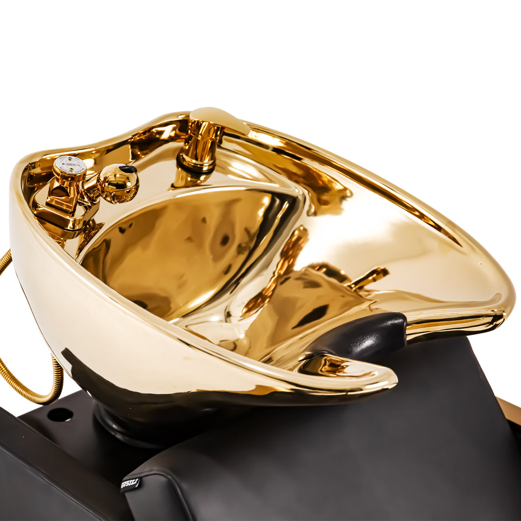 #6323 Shampoo Chair with Adjustable Neck Rest ??¡§?C Durable Wash Chair with High-End Ceramic Shampoo Bowl, Retro Design, Easy-to-Clean, Professional Salon Equipment (Gold)