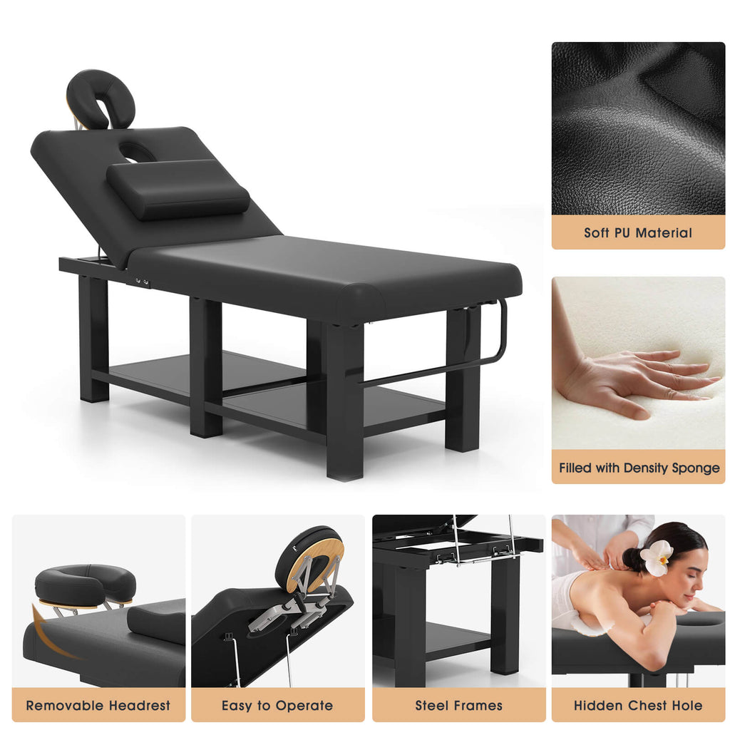 #2081 Heavy Duty Wide Stationary Massage Table Metal Frame PU Leather Spa Facial Professional Adjustable Massage Bed with Open-Chest & Headrest for Treatment Physical Therapy Tatoo Salon Equipment