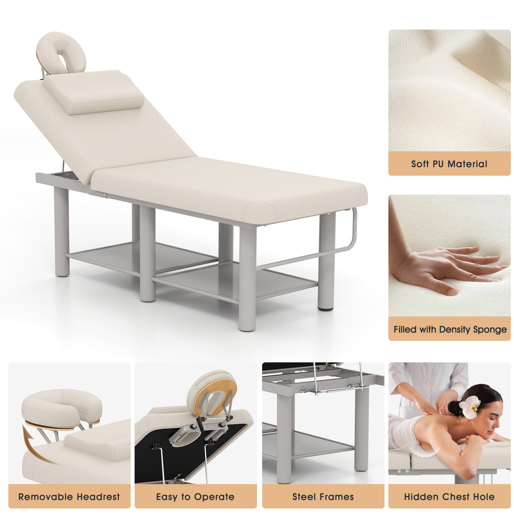 #7822 Heavy Duty Wide Stationary Massage Table Metal Frame PU Leather Spa Facial Professional Adjustable Massage Bed with Open-Chest & Headrest for Treatment Physical Therapy Tatoo Salon Equipment