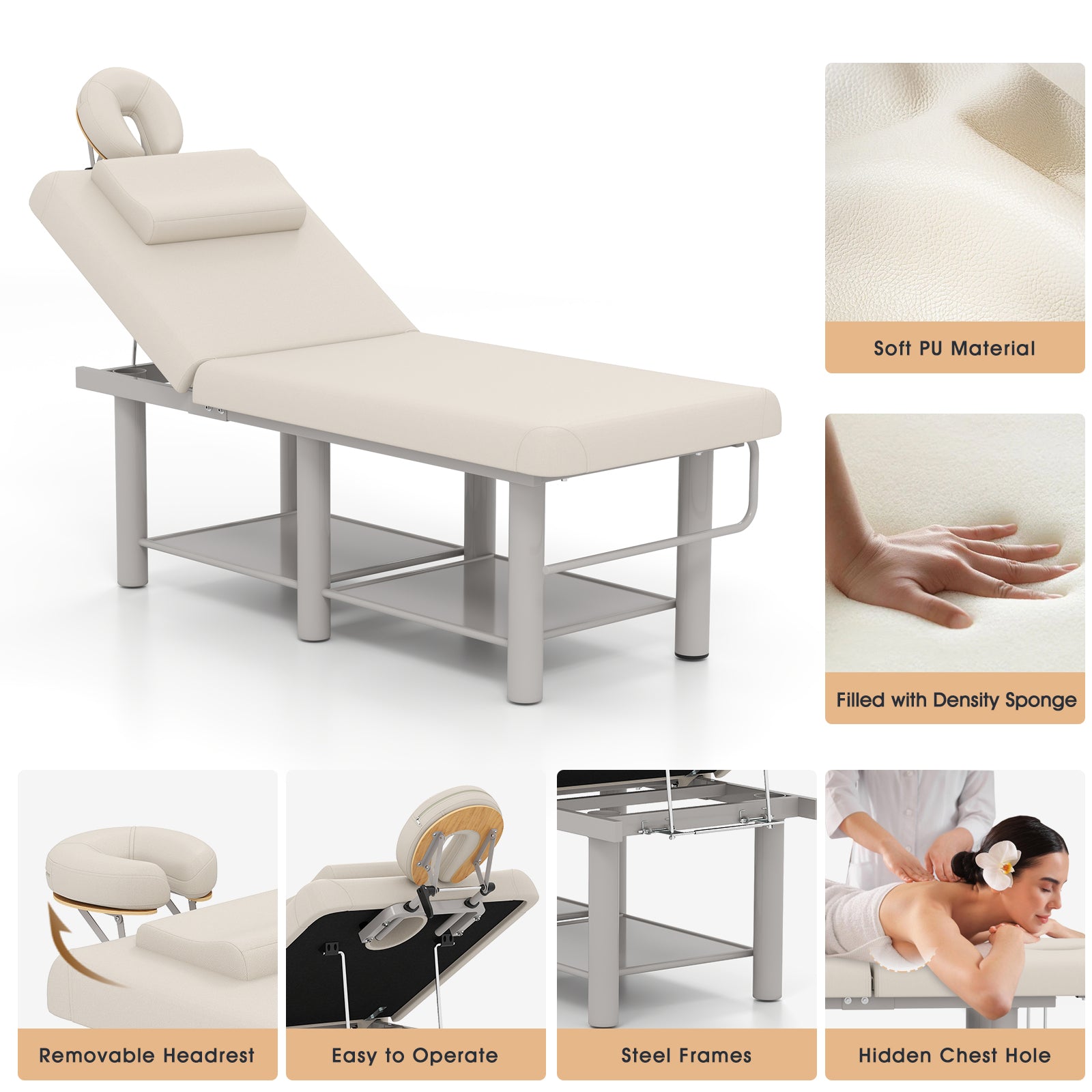 #7822 Heavy Duty Wide Stationary Massage Table Metal Frame PU Leather Spa Facial Professional Adjustable Massage Bed with Open-Chest & Headrest for Treatment Physical Therapy Tatoo Salon Equipment