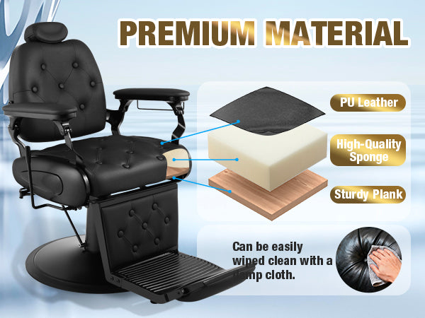 #5079 Barber Chair, Barber Chairs Professional, Vintage Barber Chair Style, Reclining Hydraulic Salon Chair, Locking Recline & 360?? Swivel, Heavy-Duty Round Base, PU Leather Barbershop