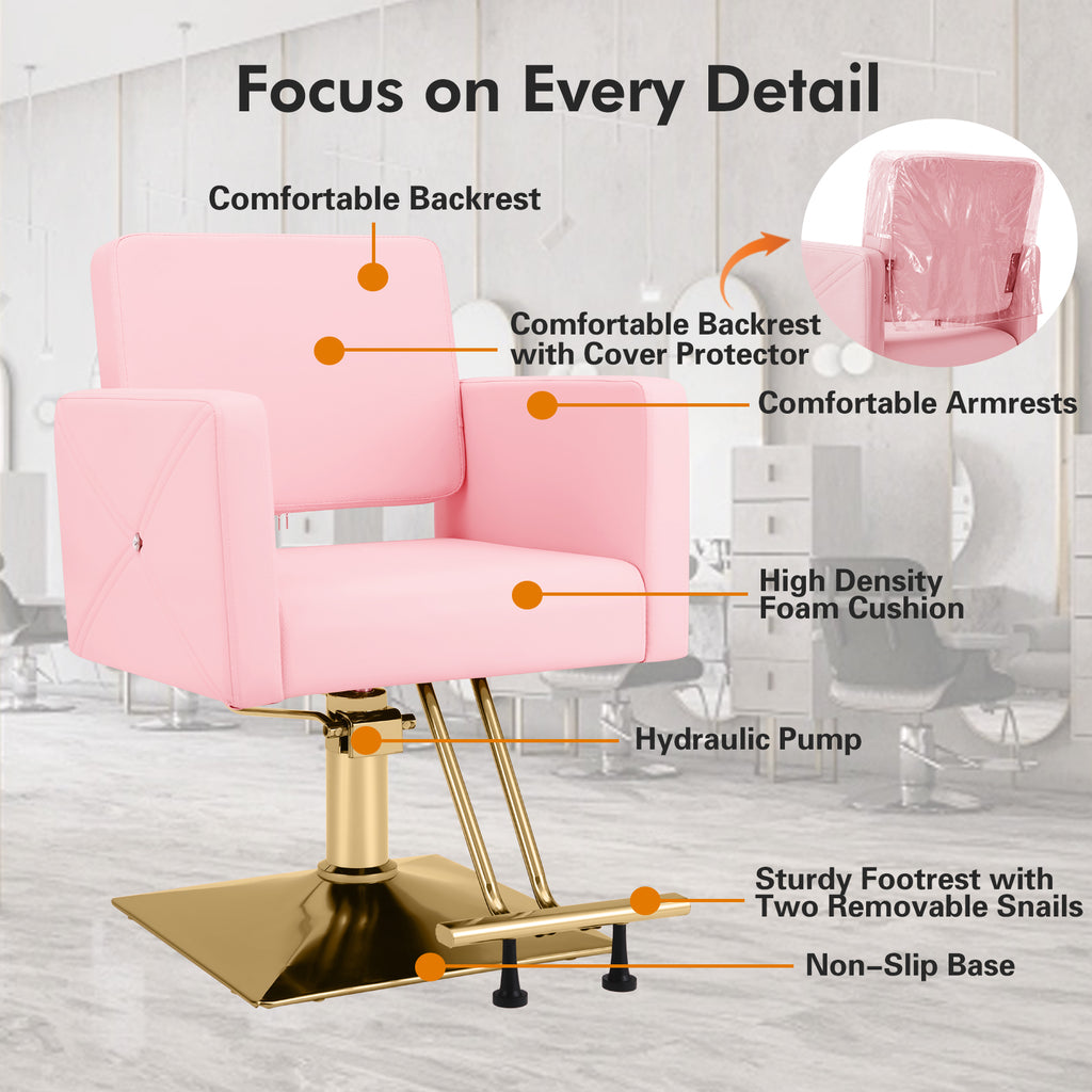 #5537 Hair Salon Chair Pink and Gold, Hydraulic Styling Chair with Heavy Duty Pump, 360 Degree Swivel Barber Chair, Beauty Salon Equipment for Hair Stylist, Max Load 330 Lbs