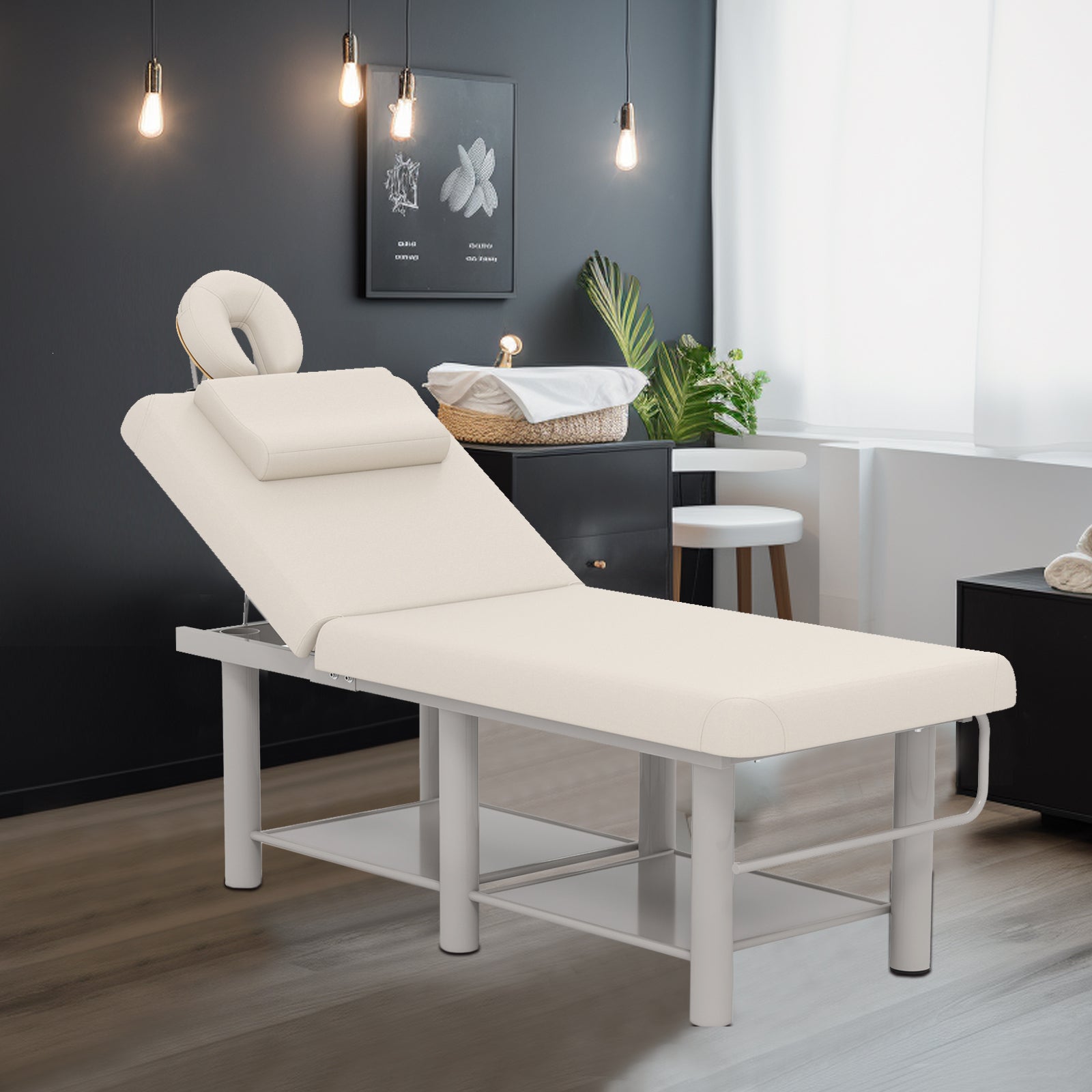 #7822 Heavy Duty Wide Stationary Massage Table Metal Frame PU Leather Spa Facial Professional Adjustable Massage Bed with Open-Chest & Headrest for Treatment Physical Therapy Tatoo Salon Equipment