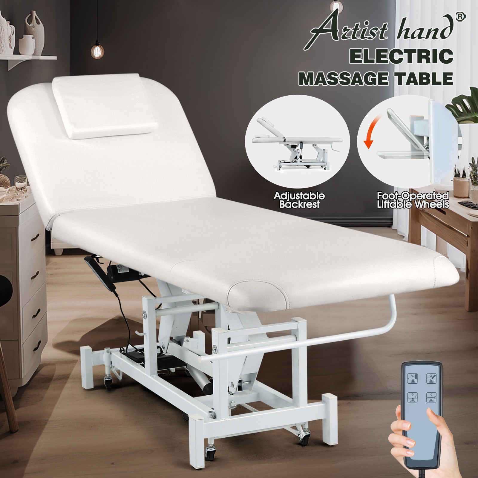 #2010 Electrical Facial Bed for Esthetician 110V Removable Massage Table 2 Motor Beauty Bed Medical Aesthetic Tattoo Chair with Adjustments, Hand/Foot-Operated,White