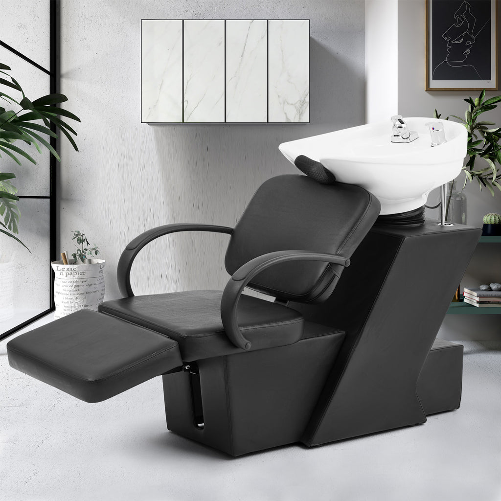 #1902 Artist Hand Shampoo Bowl, 47" Ceramic Bowl Chair Adjustable Backwash Shampoo Station Footrest Salon Equipment(White Bowl)