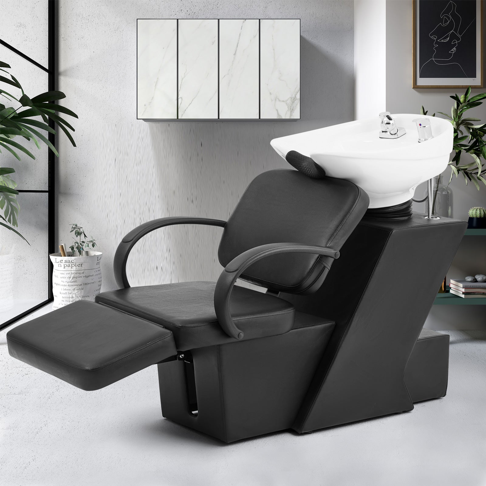 #1902 Artist Hand Shampoo Bowl, 47" Ceramic Bowl Chair Adjustable Backwash Shampoo Station Footrest Salon Equipment(White Bowl)