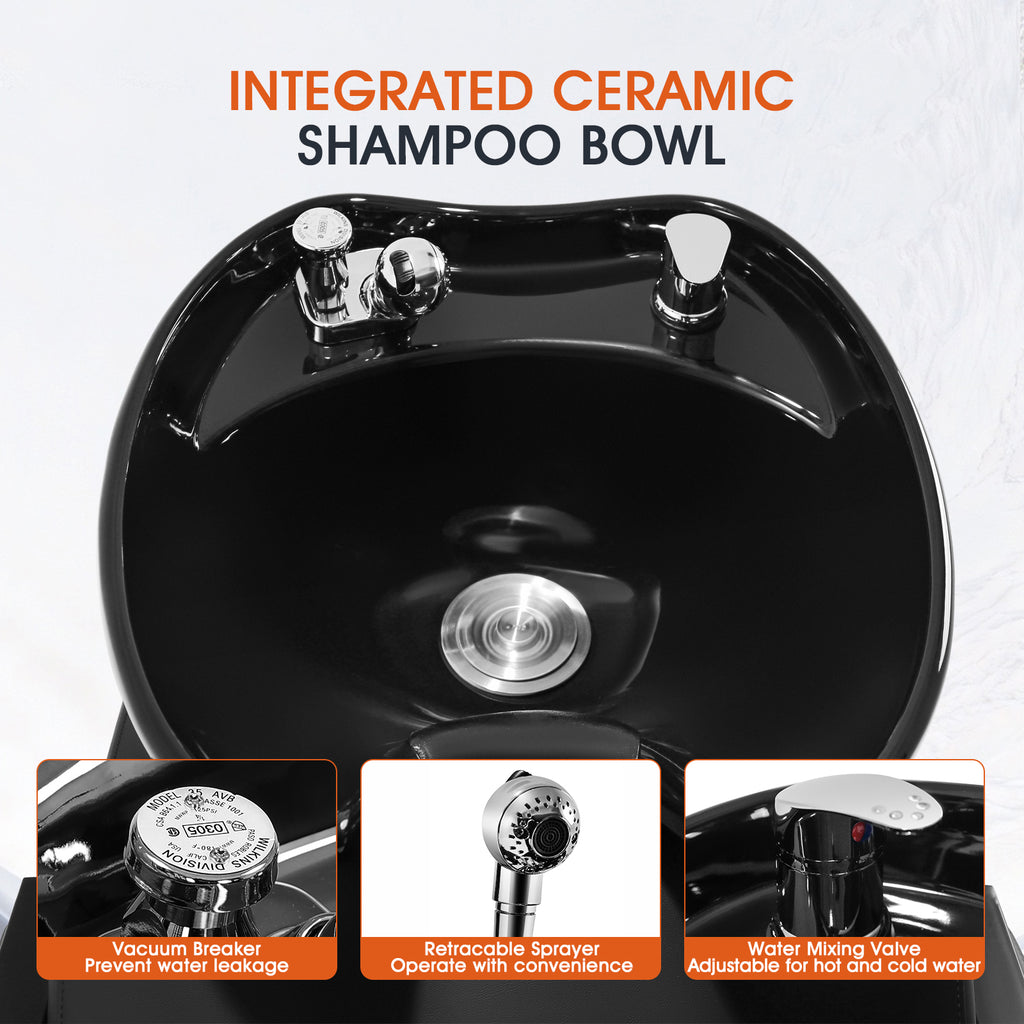 #0313 Shampoo Chair with Adjustable Neck Rest - Durable Wash Chair with Ceramic Shampoo Bowl, Retro Design, Easy-to-Clean, Professional Salon Equipment (Black)