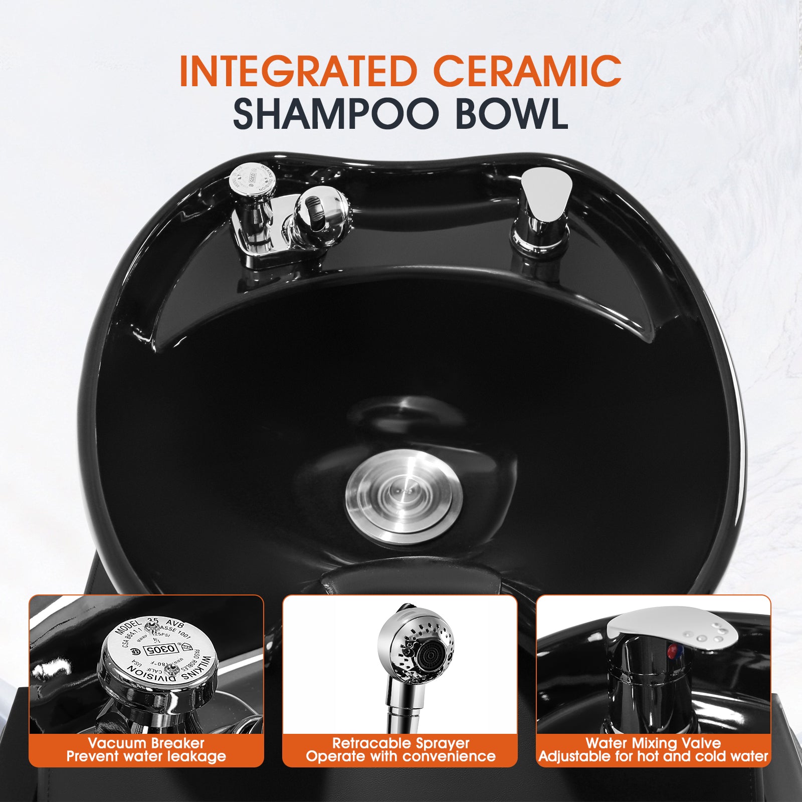 #0313 Shampoo Chair with Adjustable Neck Rest - Durable Wash Chair with Ceramic Shampoo Bowl, Retro Design, Easy-to-Clean, Professional Salon Equipment (Black)
