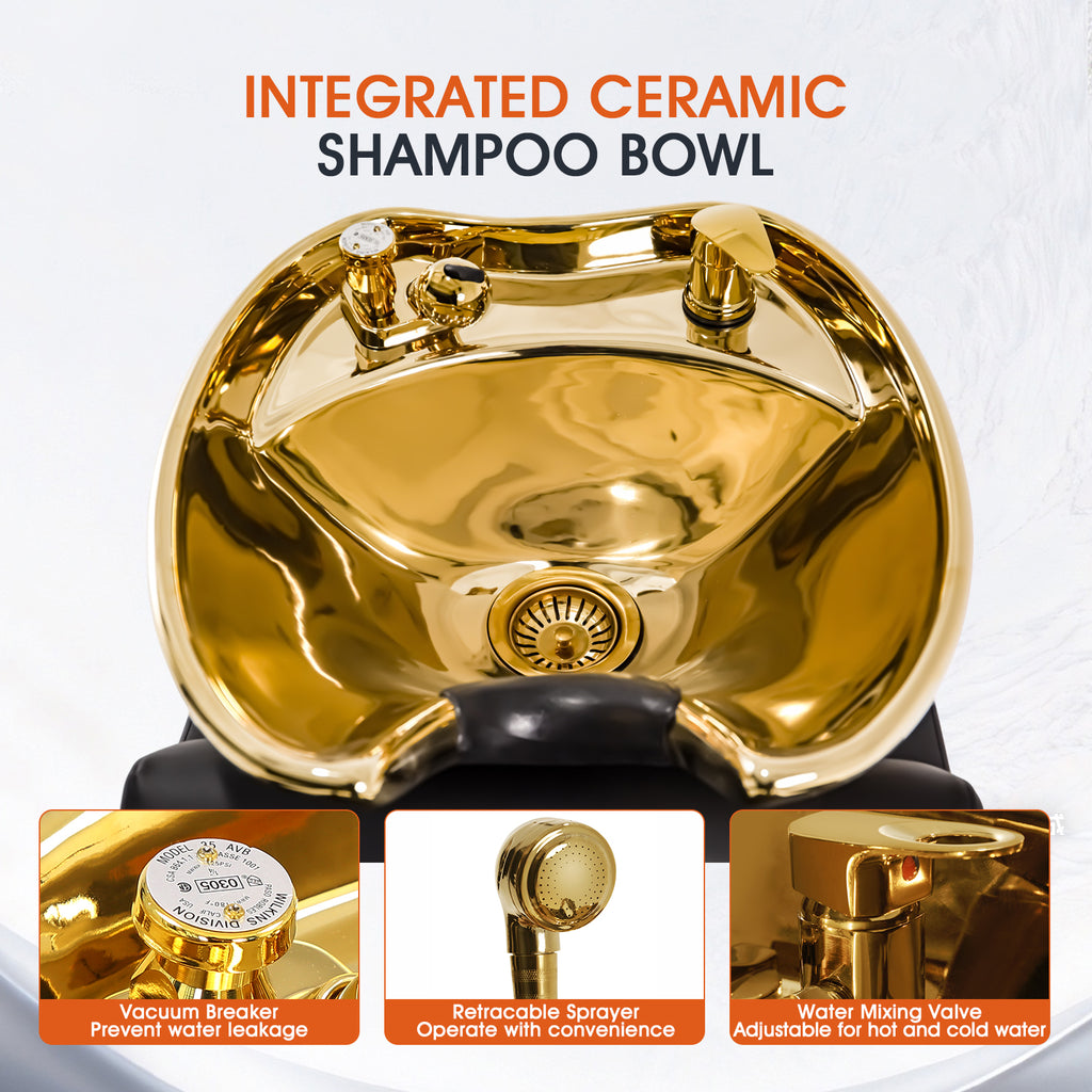 #6323 Shampoo Chair with Adjustable Neck Rest ??¡§?C Durable Wash Chair with High-End Ceramic Shampoo Bowl, Retro Design, Easy-to-Clean, Professional Salon Equipment (Gold)