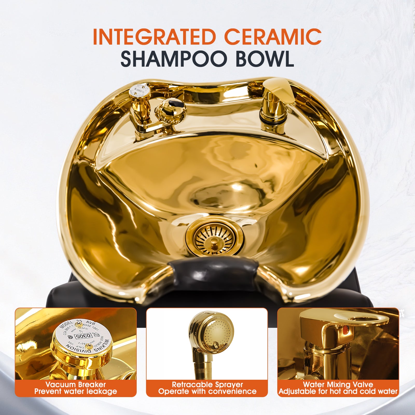 #6323 Shampoo Chair with Adjustable Neck Rest ??¡§?C Durable Wash Chair with High-End Ceramic Shampoo Bowl, Retro Design, Easy-to-Clean, Professional Salon Equipment (Gold)