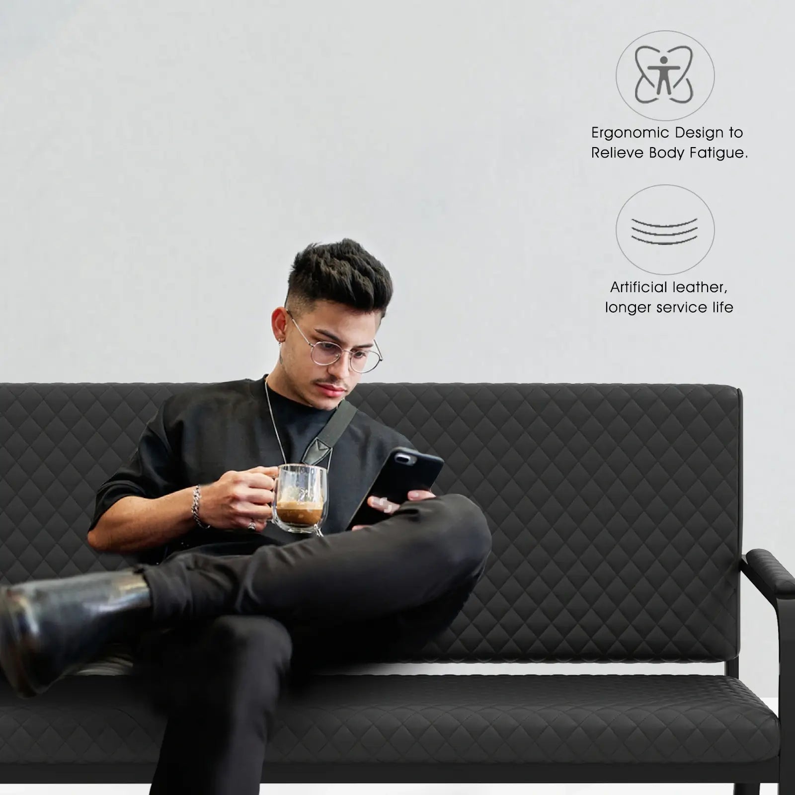 #1020 Waiting Chair, 56" Office Guest Chair, Reception Seating with Padded Cushion, Durable Metal Frame, for Beauty Salon Barber Shop
