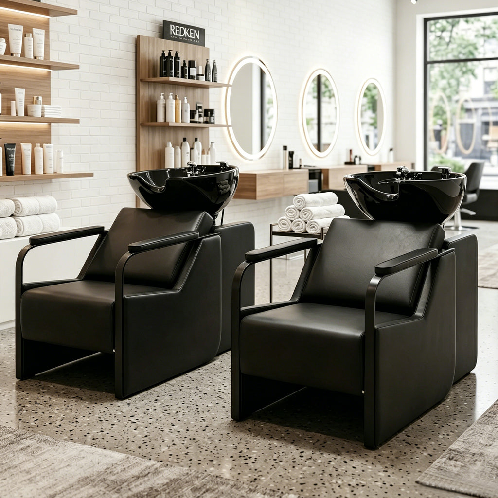 #0313 Shampoo Chair with Adjustable Neck Rest - Durable Wash Chair with Ceramic Shampoo Bowl, Retro Design, Easy-to-Clean, Professional Salon Equipment (Black)