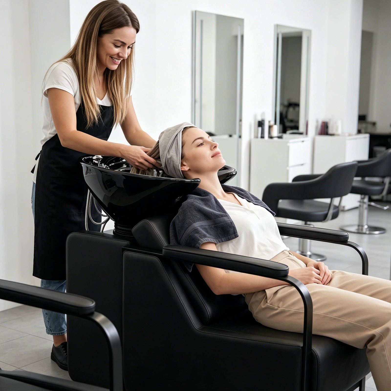 #0313 Shampoo Chair with Adjustable Neck Rest - Durable Wash Chair with Ceramic Shampoo Bowl, Retro Design, Easy-to-Clean, Professional Salon Equipment (Black)