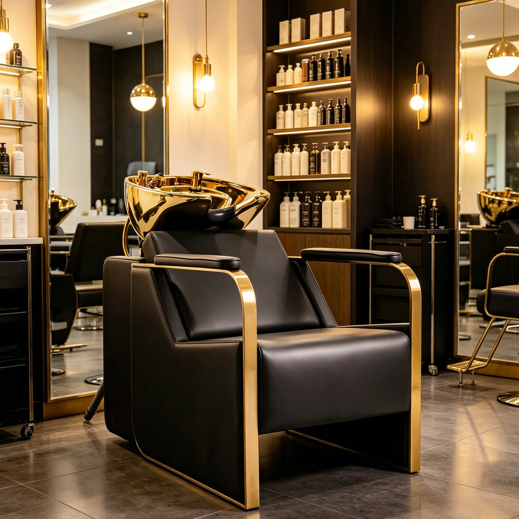 #6323 Shampoo Chair with Adjustable Neck Rest ??¡§?C Durable Wash Chair with High-End Ceramic Shampoo Bowl, Retro Design, Easy-to-Clean, Professional Salon Equipment (Gold)