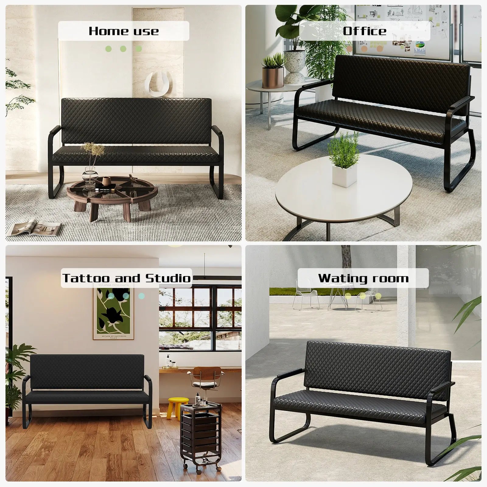 #1020 Waiting Chair, 56" Office Guest Chair, Reception Seating with Padded Cushion, Durable Metal Frame, for Beauty Salon Barber Shop