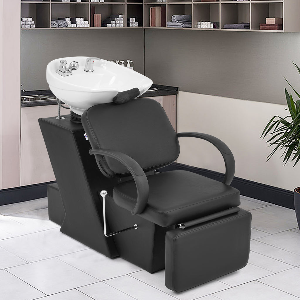 #1902 Artist Hand Shampoo Bowl, 47" Ceramic Bowl Chair Adjustable Backwash Shampoo Station Footrest Salon Equipment(White Bowl)