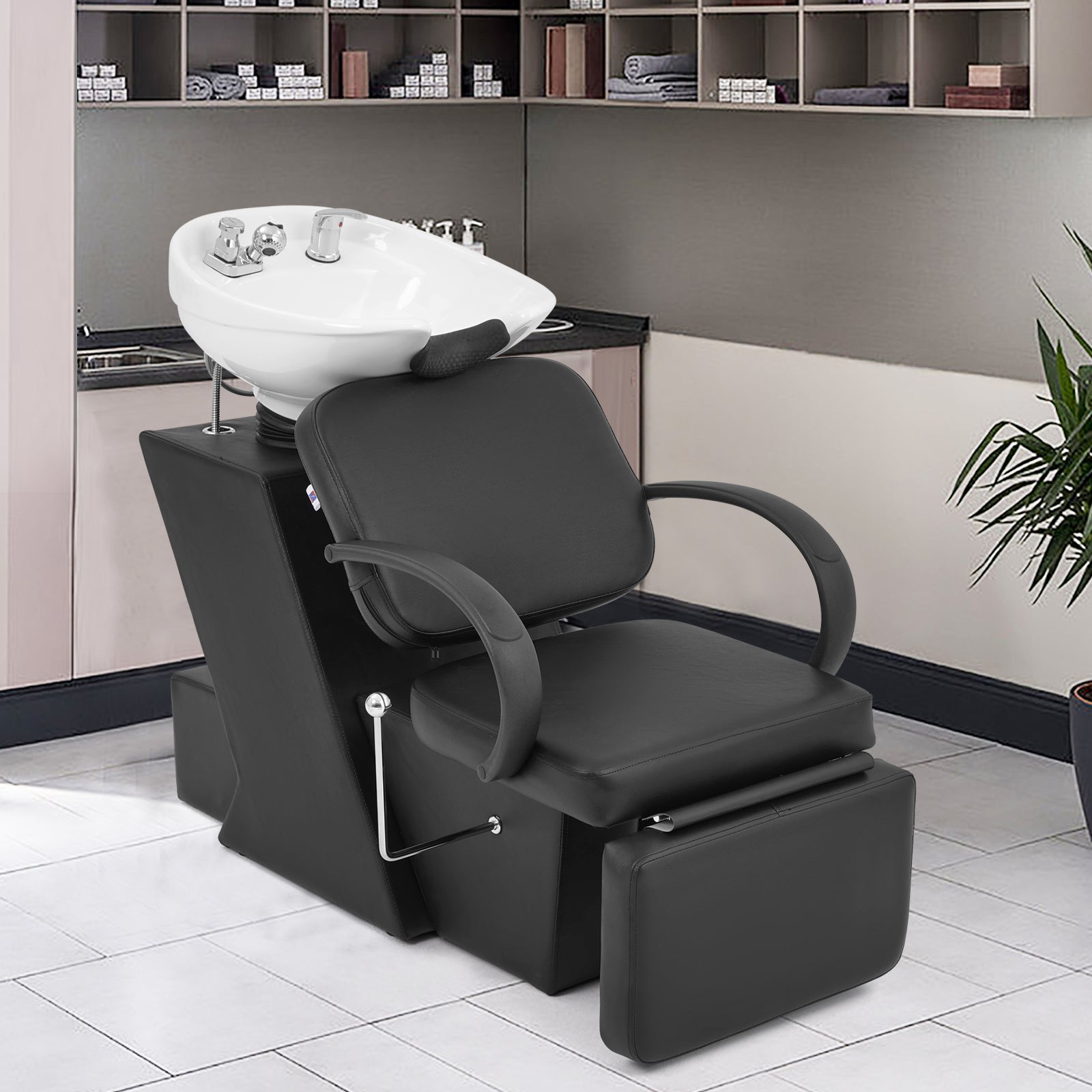 #1902 Artist Hand Shampoo Bowl, 47" Ceramic Bowl Chair Adjustable Backwash Shampoo Station Footrest Salon Equipment(White Bowl)