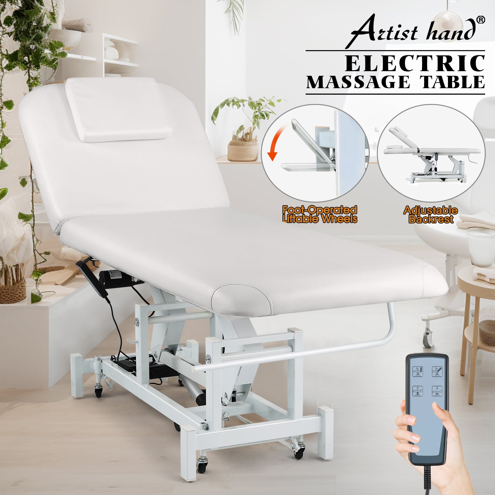 #2010 Electrical Facial Bed for Esthetician 110V Removable Massage Table 2 Motor Beauty Bed Medical Aesthetic Tattoo Chair with Adjustments, Hand/Foot-Operated,White