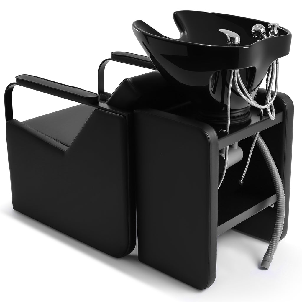 #0313 Shampoo Chair with Adjustable Neck Rest - Durable Wash Chair with Ceramic Shampoo Bowl, Retro Design, Easy-to-Clean, Professional Salon Equipment (Black)