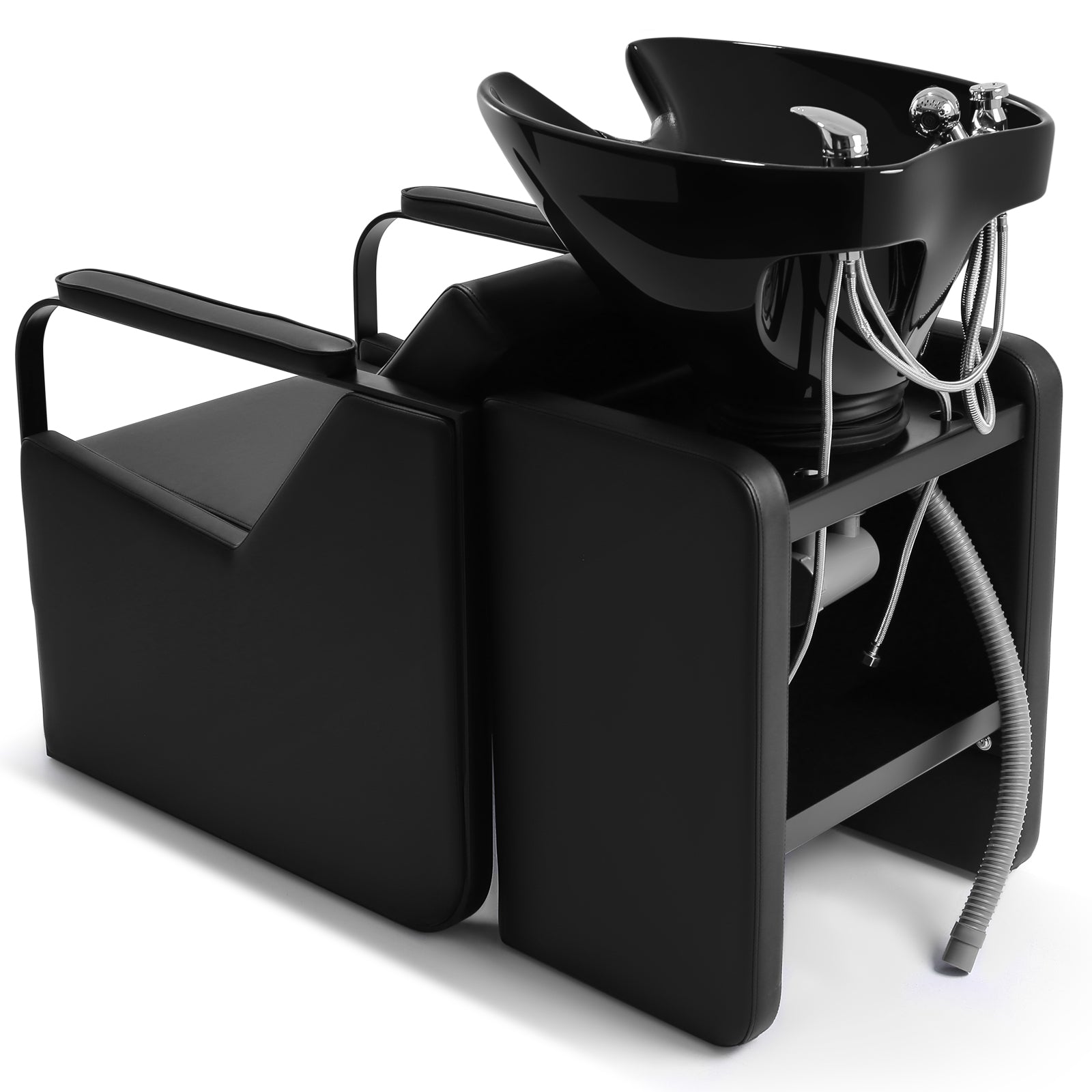 #0313 Shampoo Chair with Adjustable Neck Rest - Durable Wash Chair with Ceramic Shampoo Bowl, Retro Design, Easy-to-Clean, Professional Salon Equipment (Black)