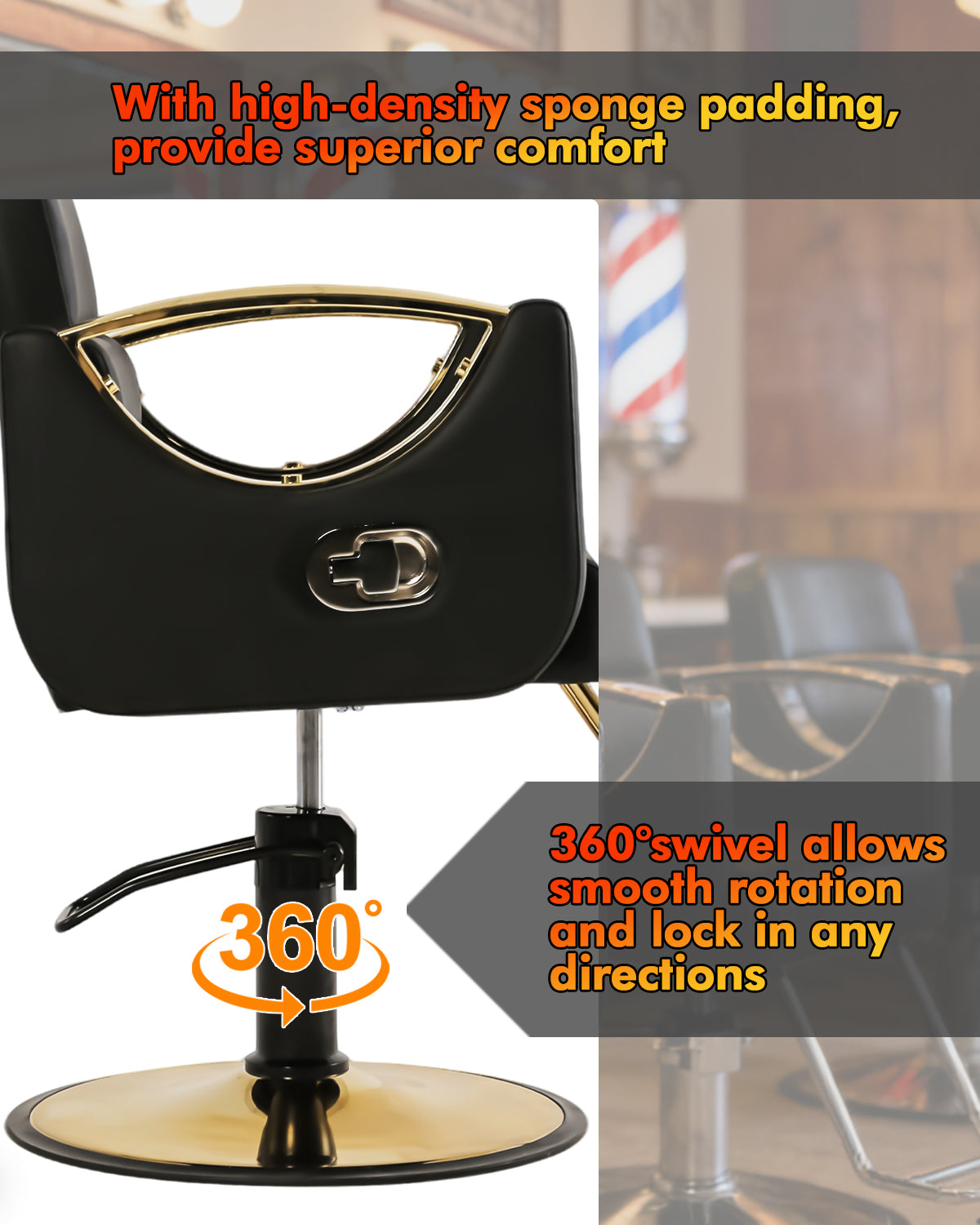 #2614 Barber Salon Chairs, Reclining Salon Chair for Hair Stylist, Hair Salon Chair with Heavy Duty Hydraulic Pump, 360 Degree Swivel Adjustable Height for Barbershop, Beauty Salon Equipment, Black Gold