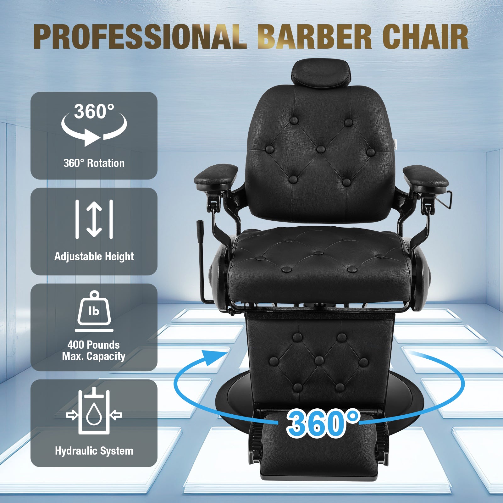 #5079 Barber Chair, Barber Chairs Professional, Vintage Barber Chair Style, Reclining Hydraulic Salon Chair, Locking Recline & 360?? Swivel, Heavy-Duty Round Base, PU Leather Barbershop