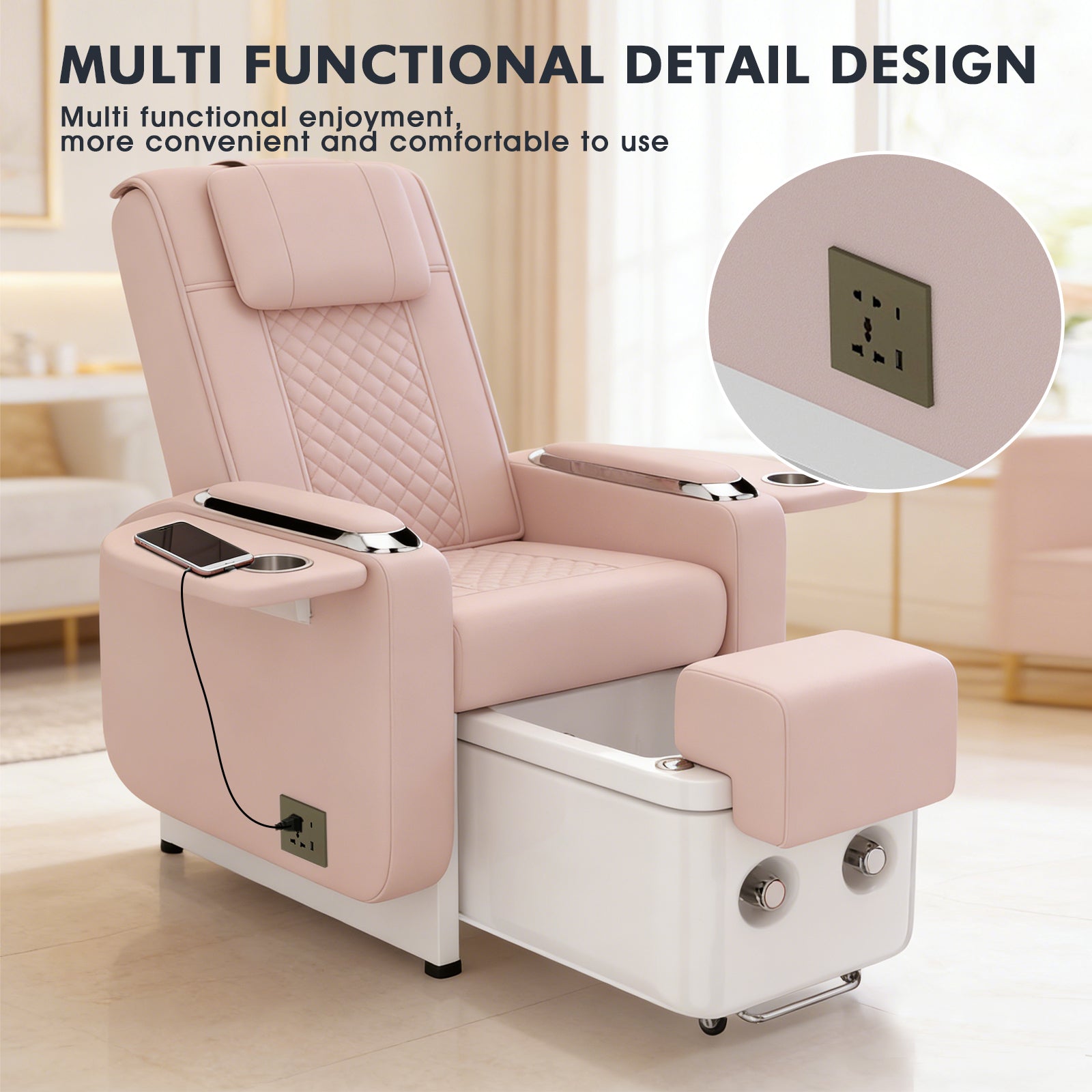 #1483 Spa Chair with Foot Spa Basin, Manicure & Massage Chair, Electric Recline, 4-Head Back Massage, Hot/Cold Water Controls, LED Light & Jet Tub, Fast Drain Pump, Pull-Out Bowl
