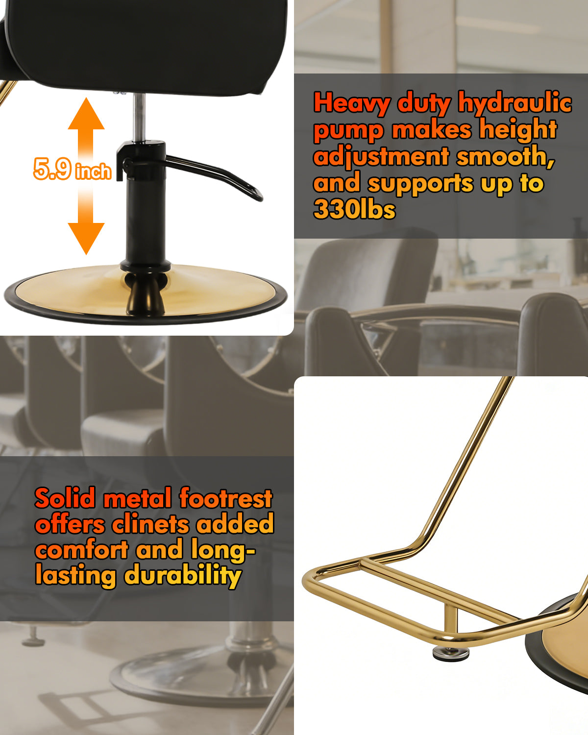 #2614 Barber Salon Chairs, Reclining Salon Chair for Hair Stylist, Hair Salon Chair with Heavy Duty Hydraulic Pump, 360 Degree Swivel Adjustable Height for Barbershop, Beauty Salon Equipment, Black Gold