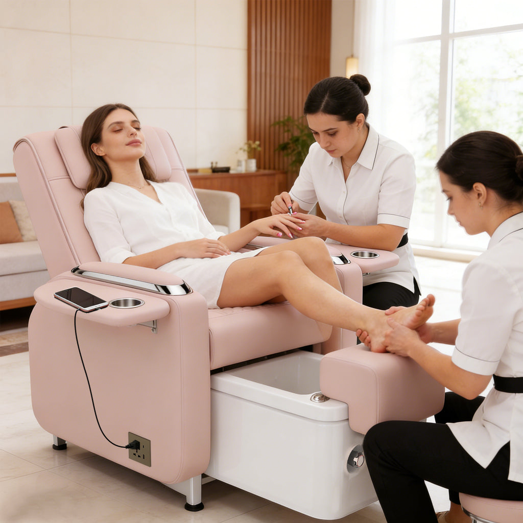 #1483 Spa Chair with Foot Spa Basin, Manicure & Massage Chair, Electric Recline, 4-Head Back Massage, Hot/Cold Water Controls, LED Light & Jet Tub, Fast Drain Pump, Pull-Out Bowl