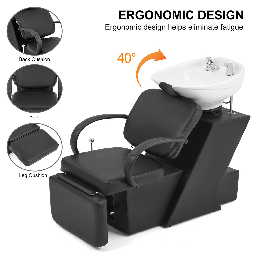 #1902 Artist Hand Shampoo Bowl, 47" Ceramic Bowl Chair Adjustable Backwash Shampoo Station Footrest Salon Equipment(White Bowl)