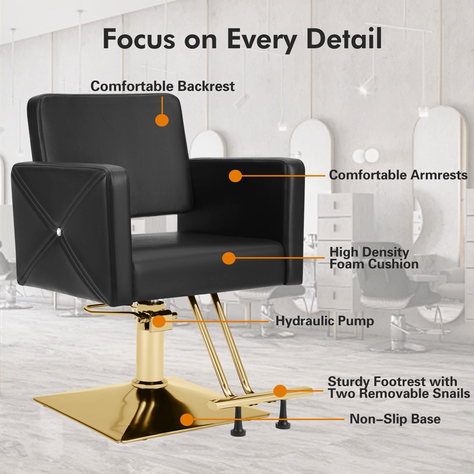 #5237 Hair Salon Chair Black and Gold, Hydraulic Styling Chair with Heavy Duty Pump, 360 Degree Swivel Barber Chair, Beauty Salon Equipment for Hair Stylist, Max Load 330 Lbs