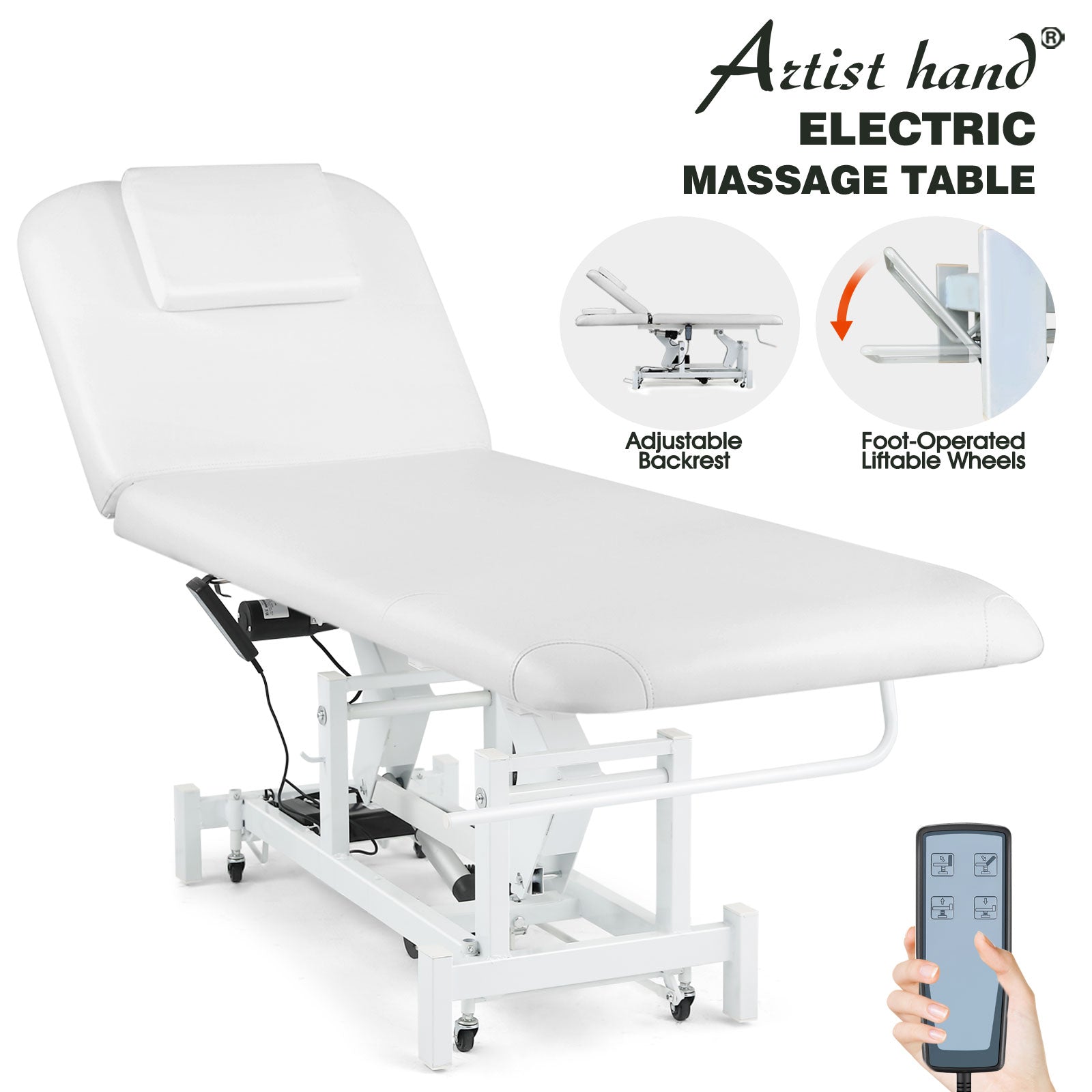 #2010 Electrical Facial Bed for Esthetician 110V Removable Massage Table 2 Motor Beauty Bed Medical Aesthetic Tattoo Chair with Adjustments, Hand/Foot-Operated,White