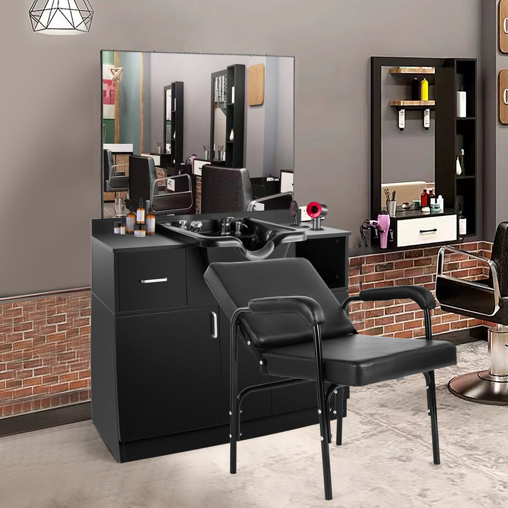 #10104 Shampoo Bowls for Salons with Mirror, Shampoo Stations for Salons All in One Backwash Sink with USB, 110V Outlets, Hair Dryer Holes and P Trap, Salon Equipment