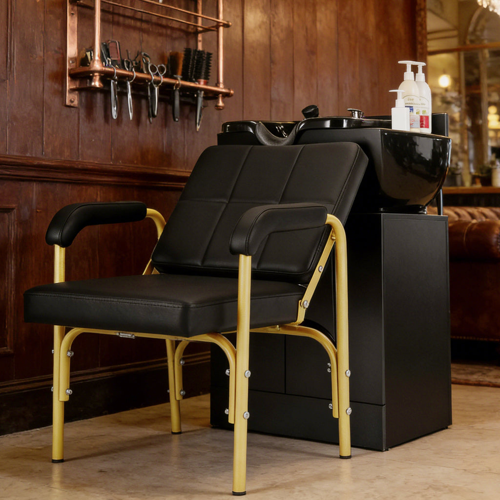 #1007 Black Gold HeavyDuty Reclining Barber Shampoo Chair Salon Spa Beauty Styling