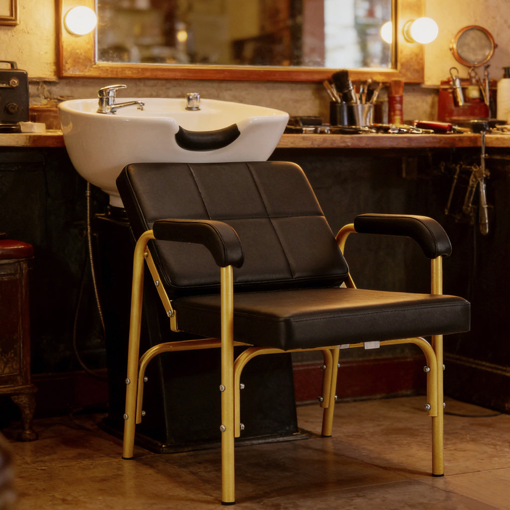 #1007 Black Gold HeavyDuty Reclining Barber Shampoo Chair Salon Spa Beauty Styling