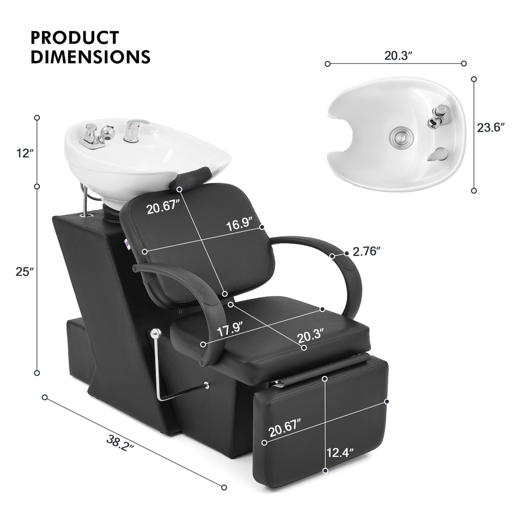 #1902 Artist Hand Shampoo Bowl, 47" Ceramic Bowl Chair Adjustable Backwash Shampoo Station Footrest Salon Equipment(White Bowl)