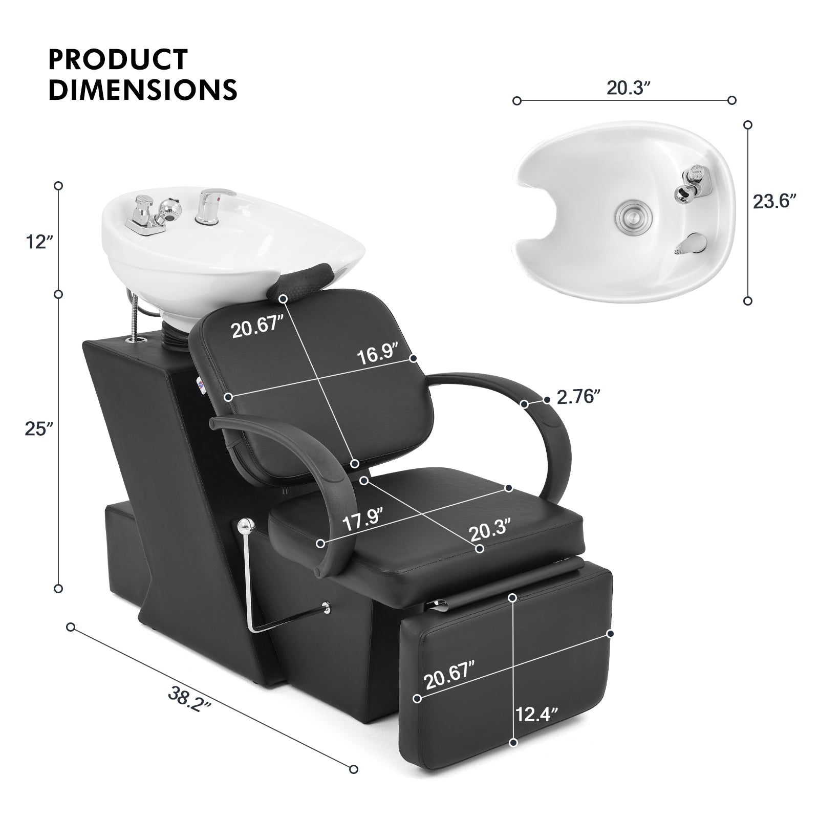 #1902 Artist Hand Shampoo Bowl, 47" Ceramic Bowl Chair Adjustable Backwash Shampoo Station Footrest Salon Equipment(White Bowl)