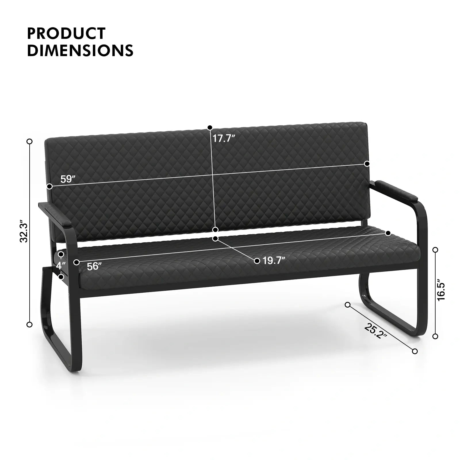 #1020 Waiting Chair, 56" Office Guest Chair, Reception Seating with Padded Cushion, Durable Metal Frame, for Beauty Salon Barber Shop