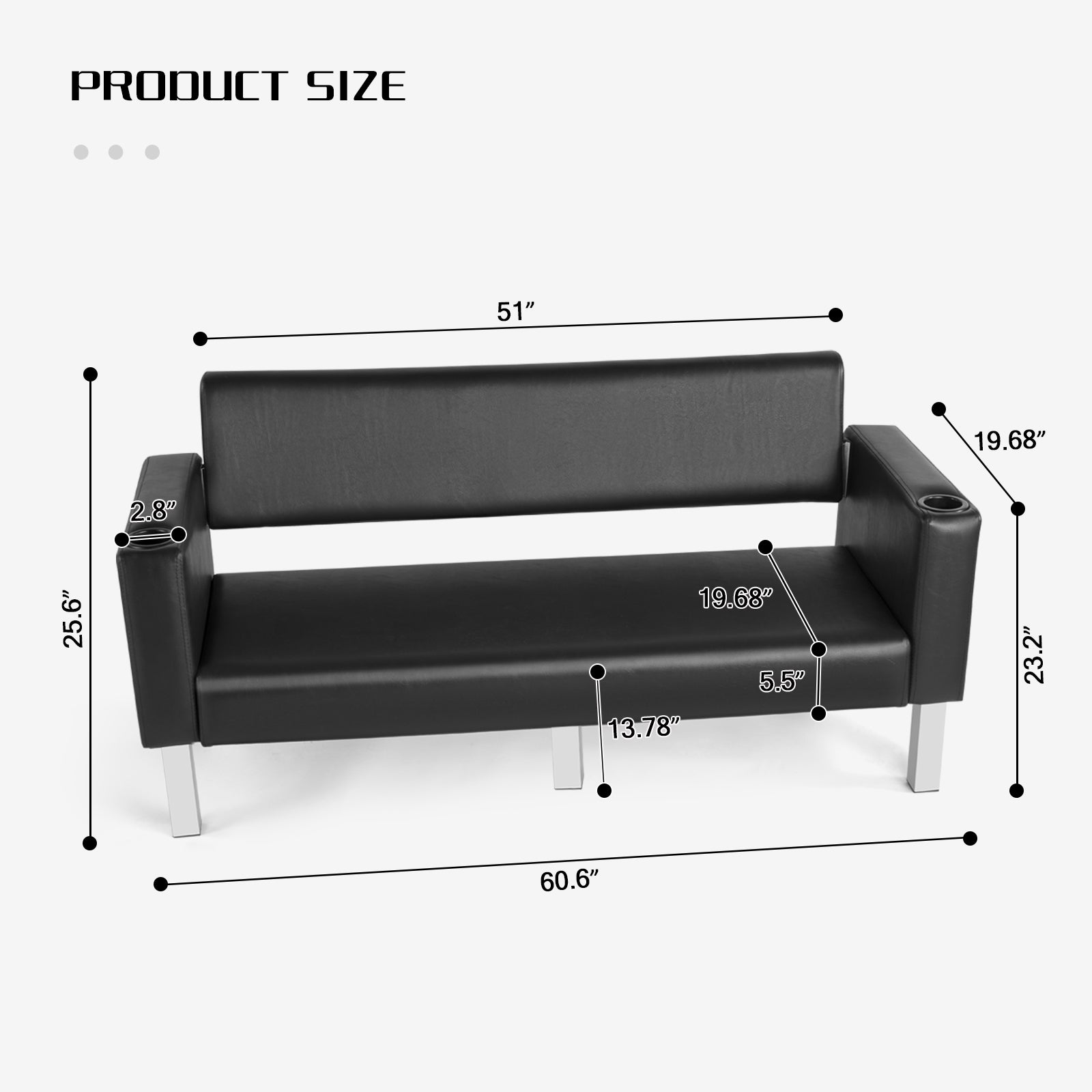 #1003 Office Reception Chairs Waiting Room Bench Guest Chairs, Leather Bench 60.6'' Conference Room Chairs with 2 Cup Holder Office Wating Chair