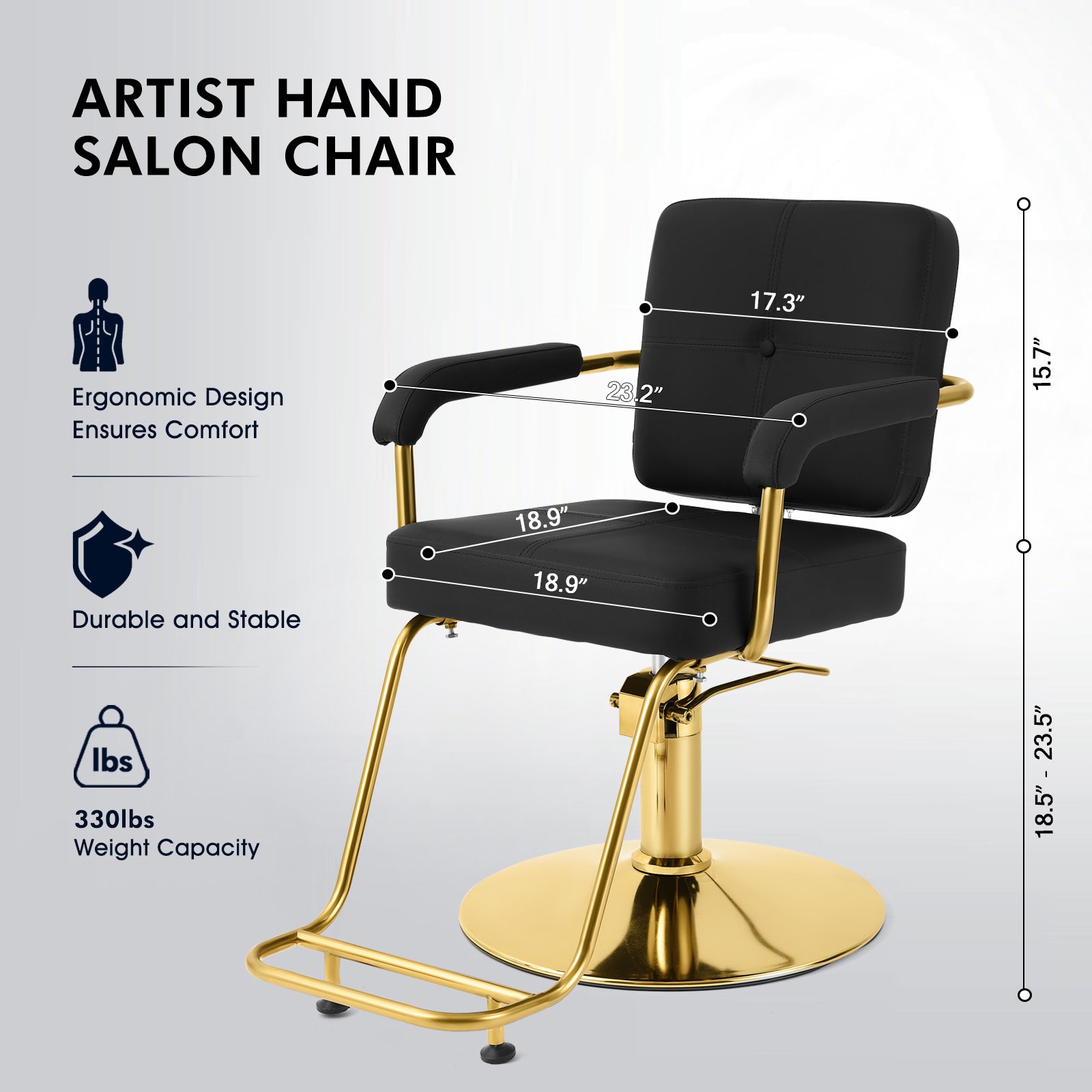 #5089 Black and Gold Salon Chair, Professional Hair Stylist Chair with Heavy Duty Hydraulic Pump, 360 Degree Swivel Styling Chair, Beauty Salon Equipment, Load Capacity 330 lbs