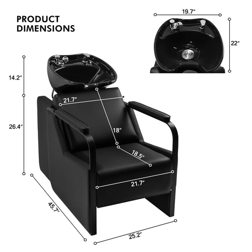 #0313 Shampoo Chair with Adjustable Neck Rest - Durable Wash Chair with Ceramic Shampoo Bowl, Retro Design, Easy-to-Clean, Professional Salon Equipment (Black)
